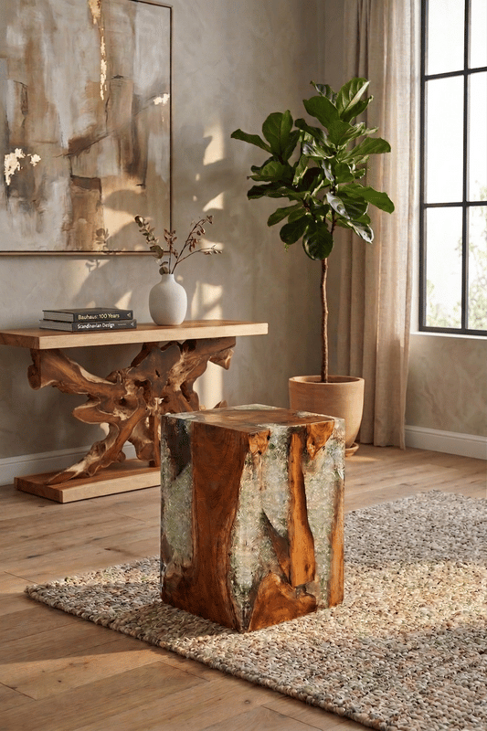 Teak White Resin End Table