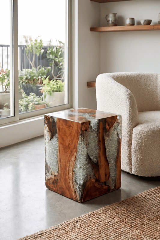 Teak White Resin End Table