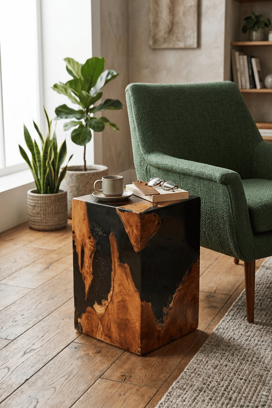Teak Black Resin End Table